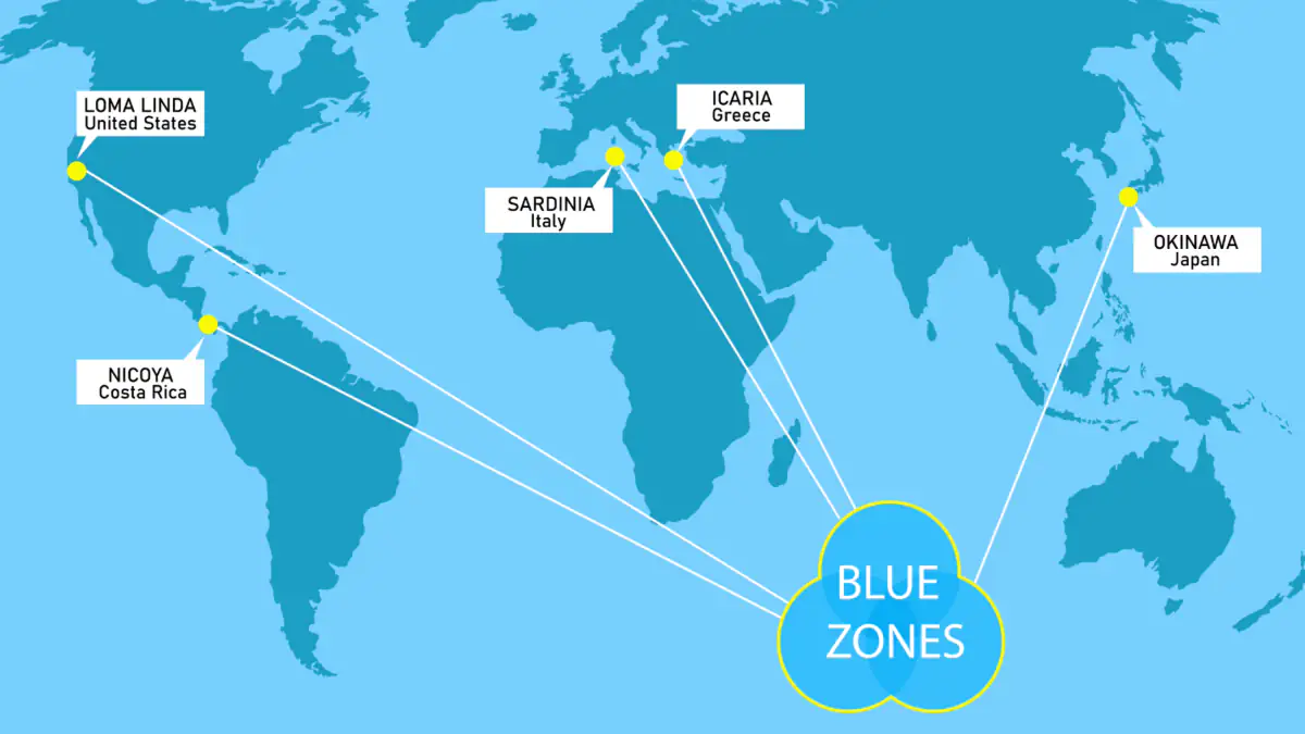 Blue Zone Diät: Landkarte mit den blauen Zone