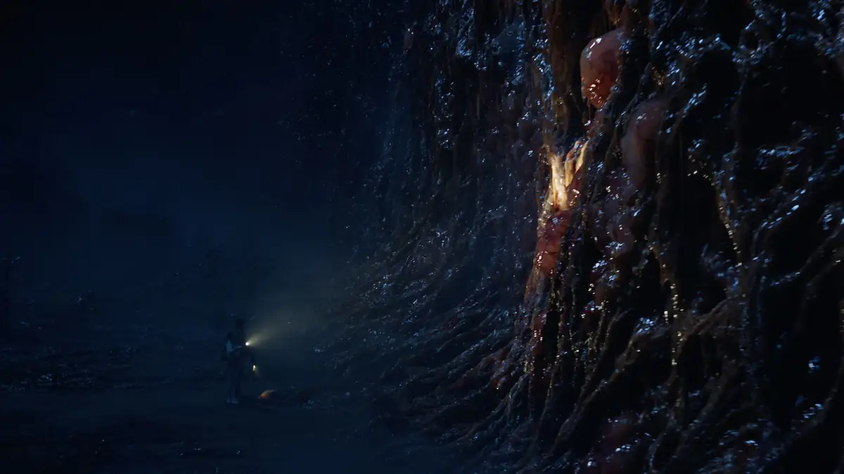 Stranger Things Szene aus Staffel 5 in düsterem Upside Down mit Taschenlampen