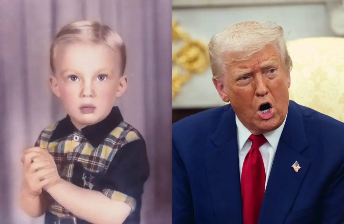 Links ein Kinderfoto von Donald Trump, rechts ein Foto von ihm als Präsidenten im Jahr 2025
