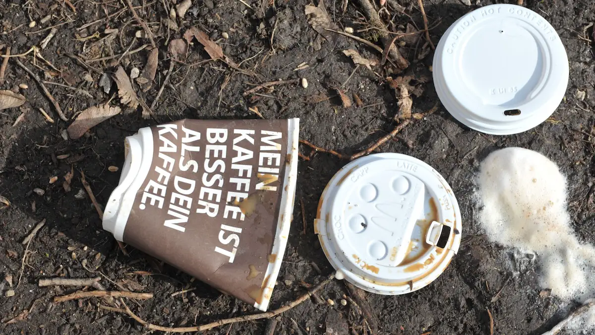 Weggeworfener "Coffee to go" Becher in einer Grünanlage in München., 29.02.2012