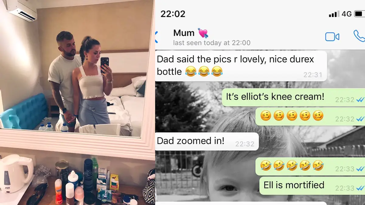 Links ein Foto von einem Paar, das vor einem Spiegel posiert, rechts ein WhatsApp-Chatverlaf