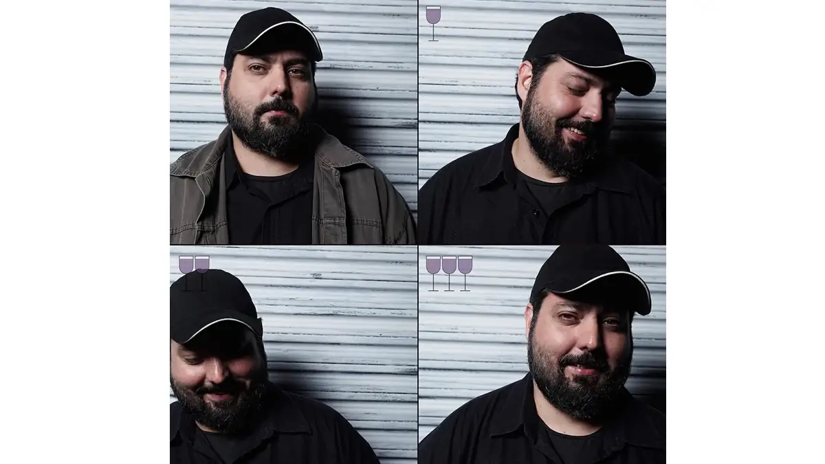 Auswirkungen von Alkohol: Vier Fotos derselben Person, die zunehmend mehr lächelt