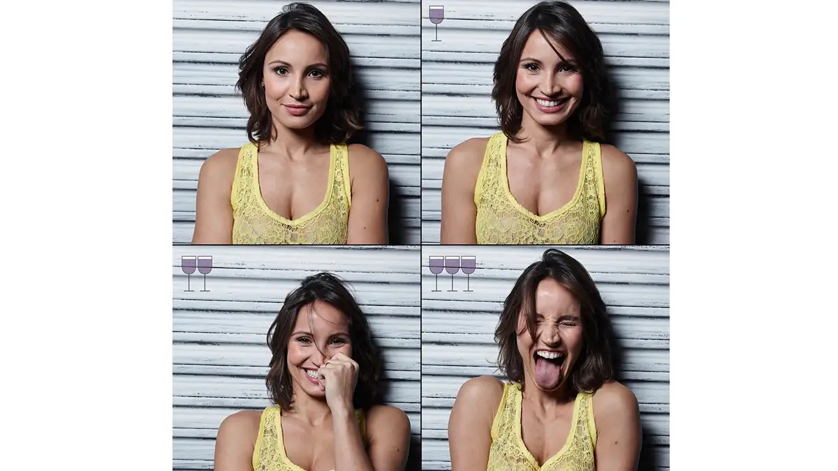 Auswirkungen von Alkohol: Vier Fotos derselben Person, die zunehmend mehr lächelt