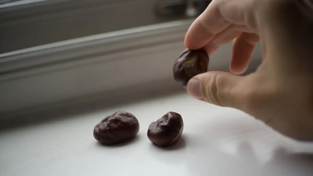 Jemand legt drei Kastanien auf ein Fensterbrett, um Spinnen zu vertreiben