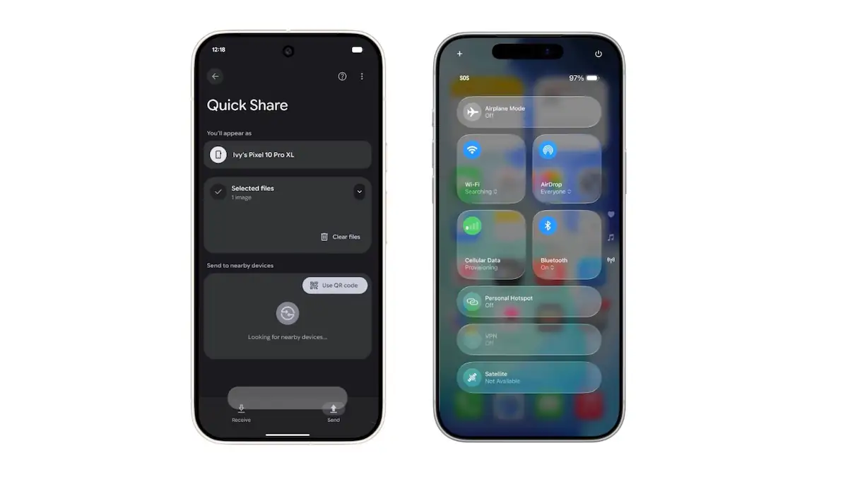 Smartphones zeigen Google Quick Share und Apple AirDrop