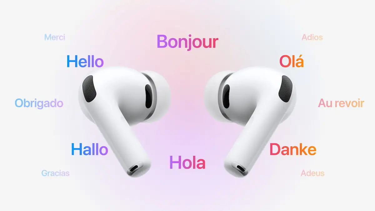Grafik zur Live-Übersetzung der AirPods, die die Kopfhörer zwischen verschiedenen Übersetzungen des Wortes „Hallo“ zeigt