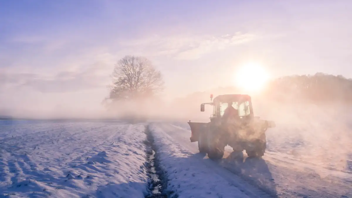 Bauernregel zum Winter Symbolbild: Schnee auf einem landwirtschaftlich genutzten Feld mit einem Traktor