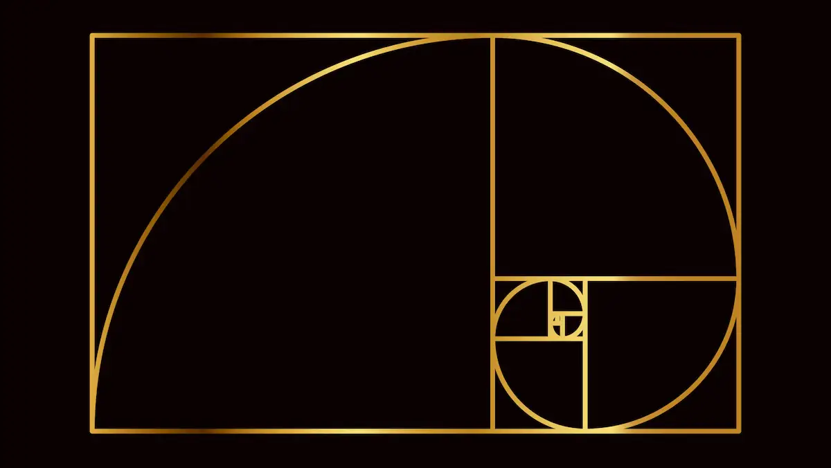 Der Goldene Schnitt: Relationen der Zahl Phi anhand mehrer Teilflächen als goldene Linien auf schwarzem Untergrund
