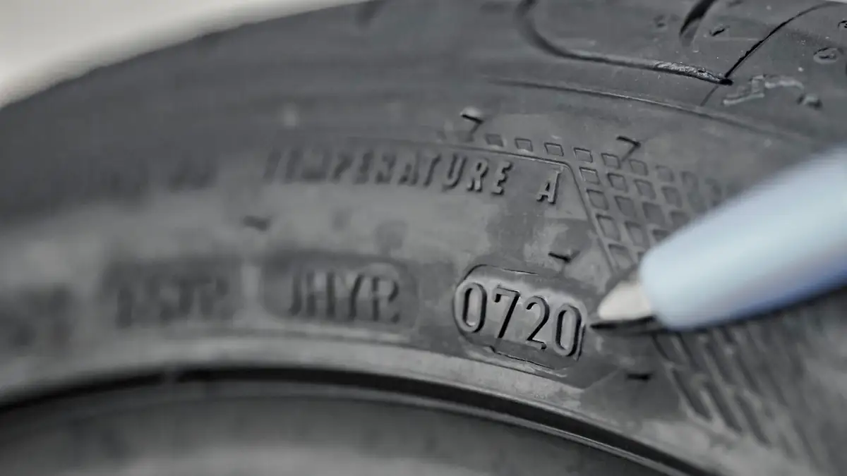 Reifenwechsel: Nahaufnahme eines Autoreifens, wobei ein Stift auf die vierstellige DOT-Nummer zeigt