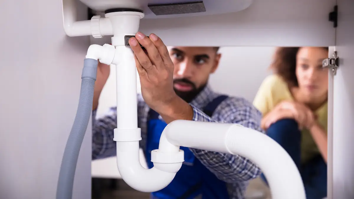 Heißes Wasser in Abfluss: Handwerker und Frau schauen sich Rohr unter der Spüle genau an