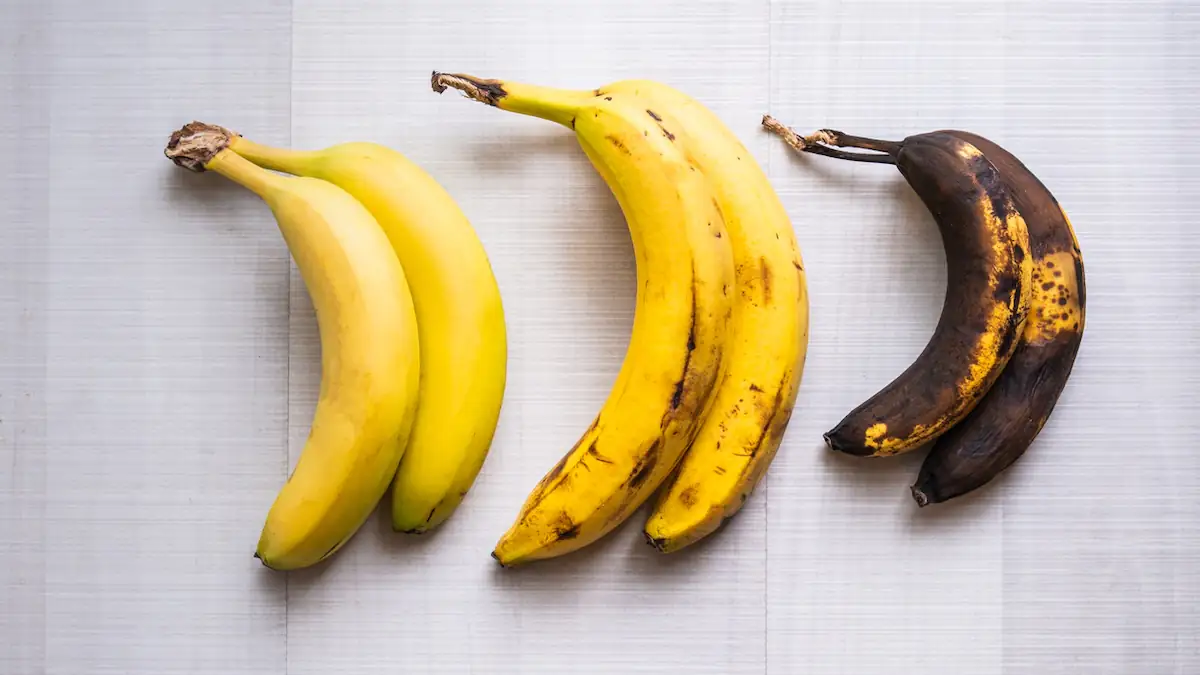 Verschiedene Reifegrade der Banane, von gelb zu braun