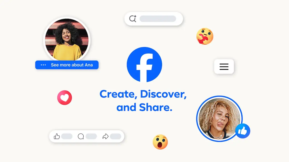 Facebook-Grafik zeigt Elemente des neuen Redesigns und den Schriftzug „Create, Discover, and Share“