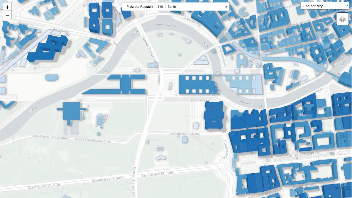 Interaktive Karte zeigt alle Gebäude der Welt, herangezoomt an den Bundestag in Berlin