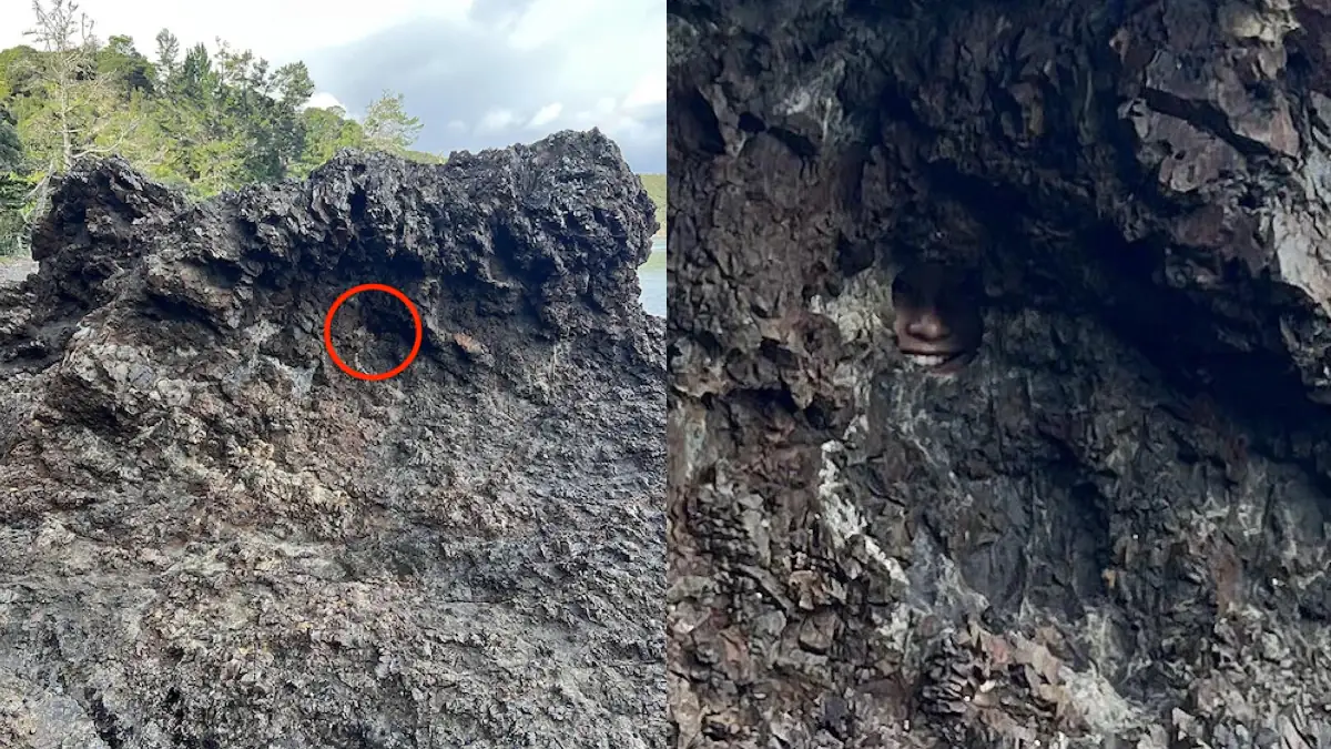 Auflösung eines Wimmelbildes, auf dem sich ein Mädchen in einer felsigen Landschaft versteckt