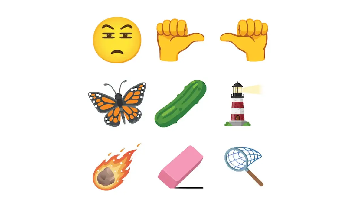 Neun neue Emoji-Symbole für 2026: Verzogenes Gesicht, Daumen nach rechts und nach links, Schmetterling, Essiggurke, Leuchtturm, Meteor, Radiergummi, Kescher