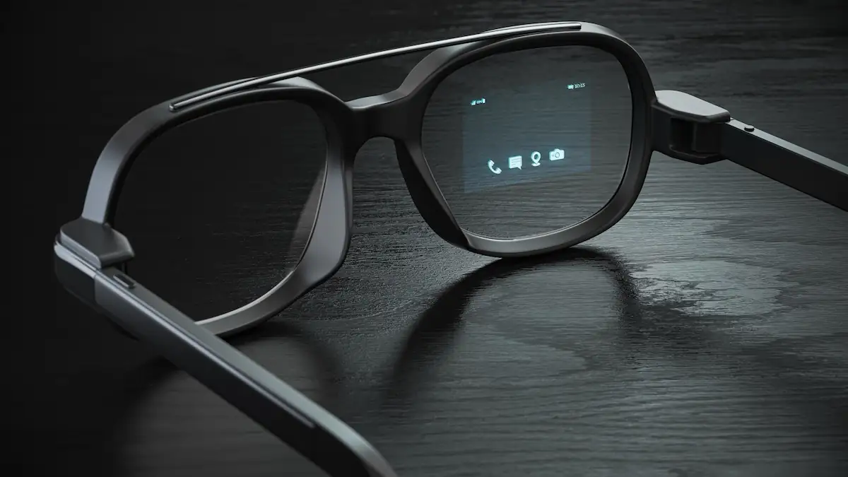 Schwarze smarte Brille mit App-Symbolen