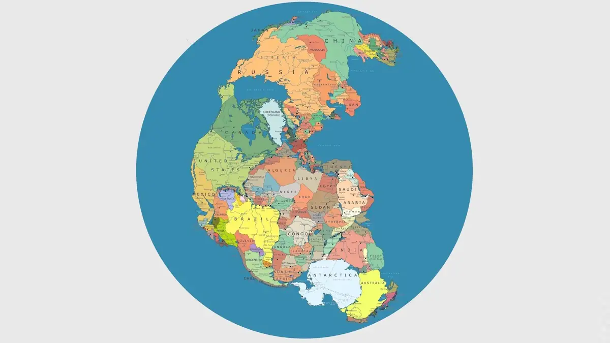 Alternative Pangaea-Weltkarte mit heutigen Landesgrenzen