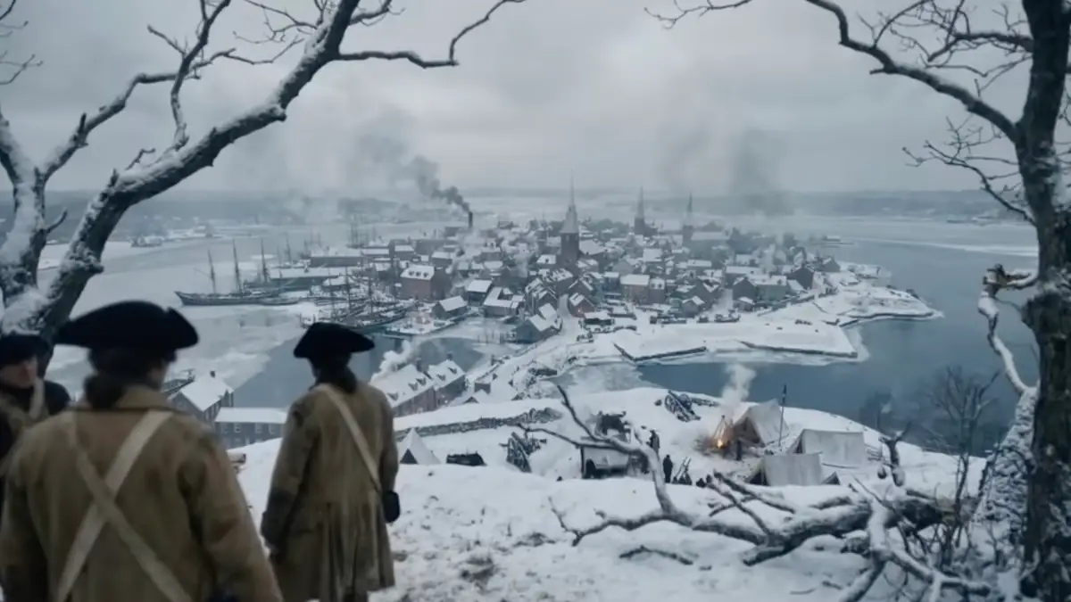 Szene aus der KI-Doku „On This Day 1776“, in der mehrere Soldaten im Winter auf eine Siedlung schauen