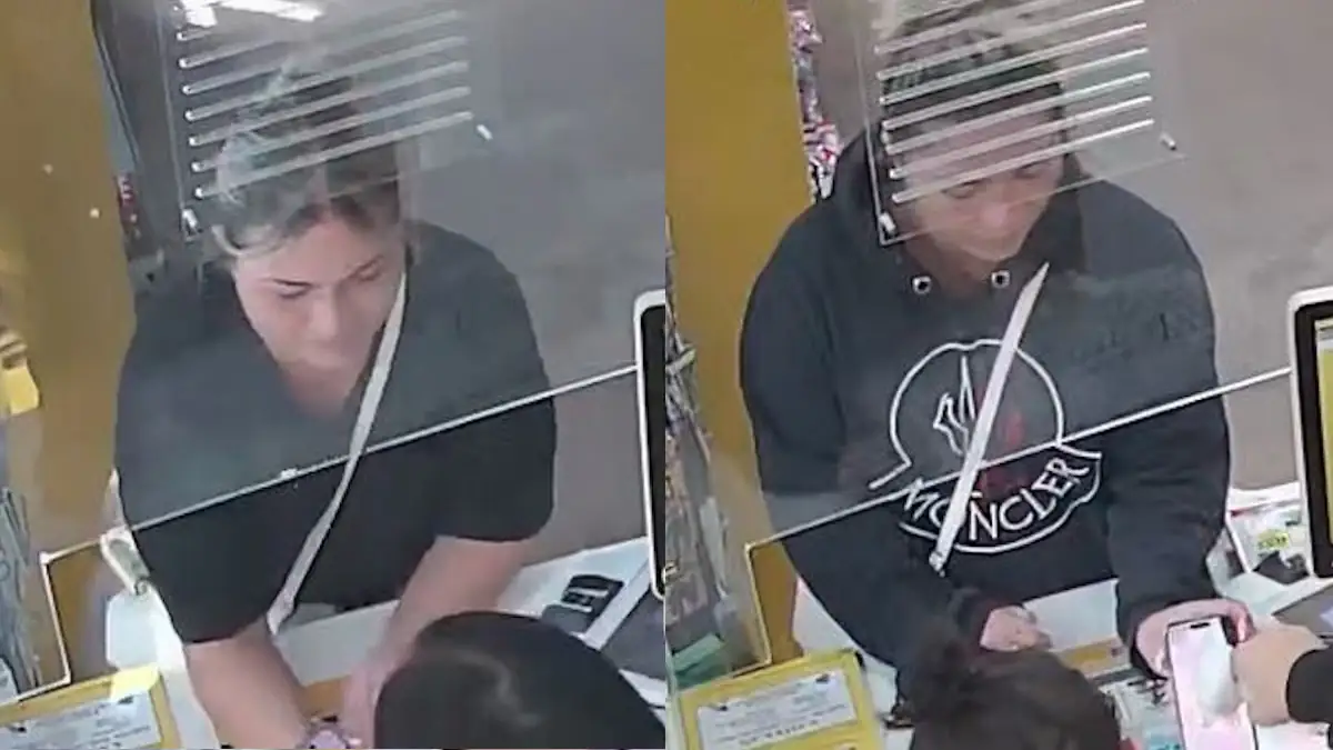 Zwei Fahndungsfotos zeigen eine mutmaßliche Betrügerin an einem Bankschalter