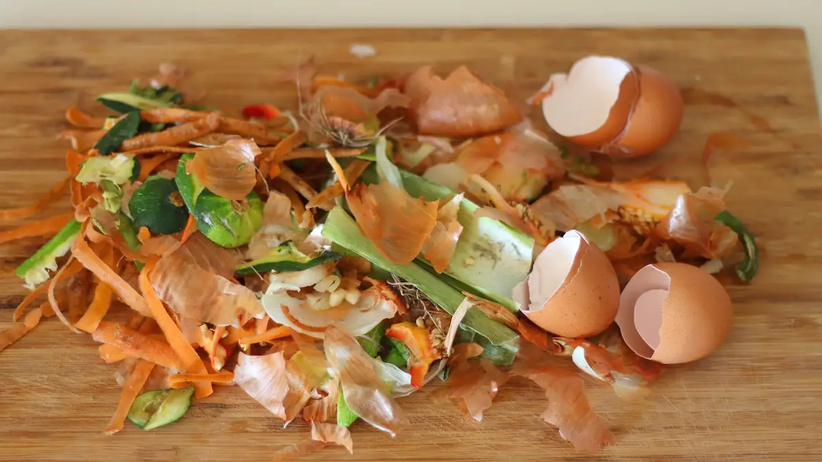 Küchenabfälle: Reste von Eierschalen, Zwiebelschalen und Grünzeug auf einem Haufen