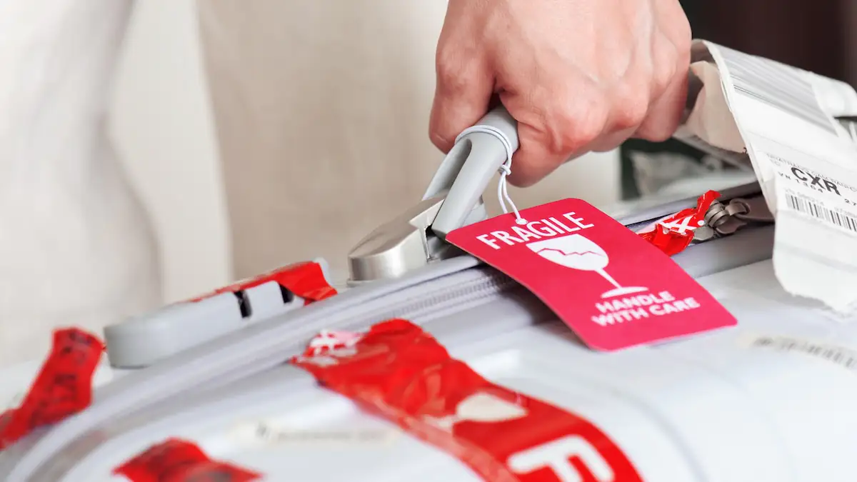 Fragile-Aufkleber an einem Koffer