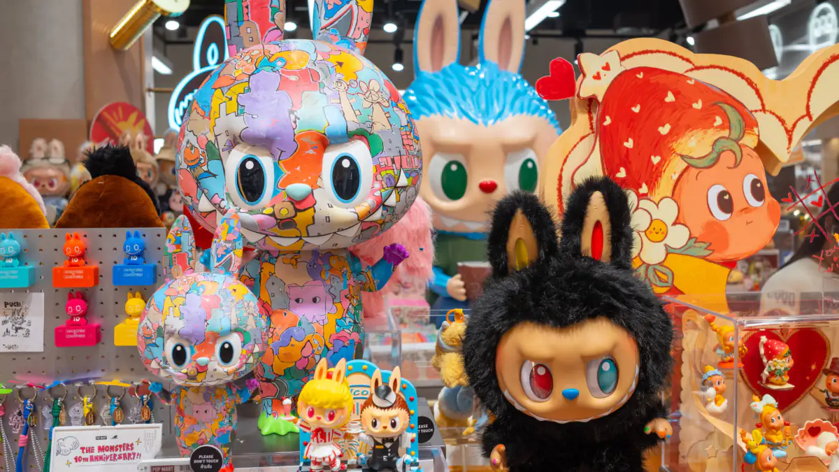 Bunte Labubus in einem Schaufenster