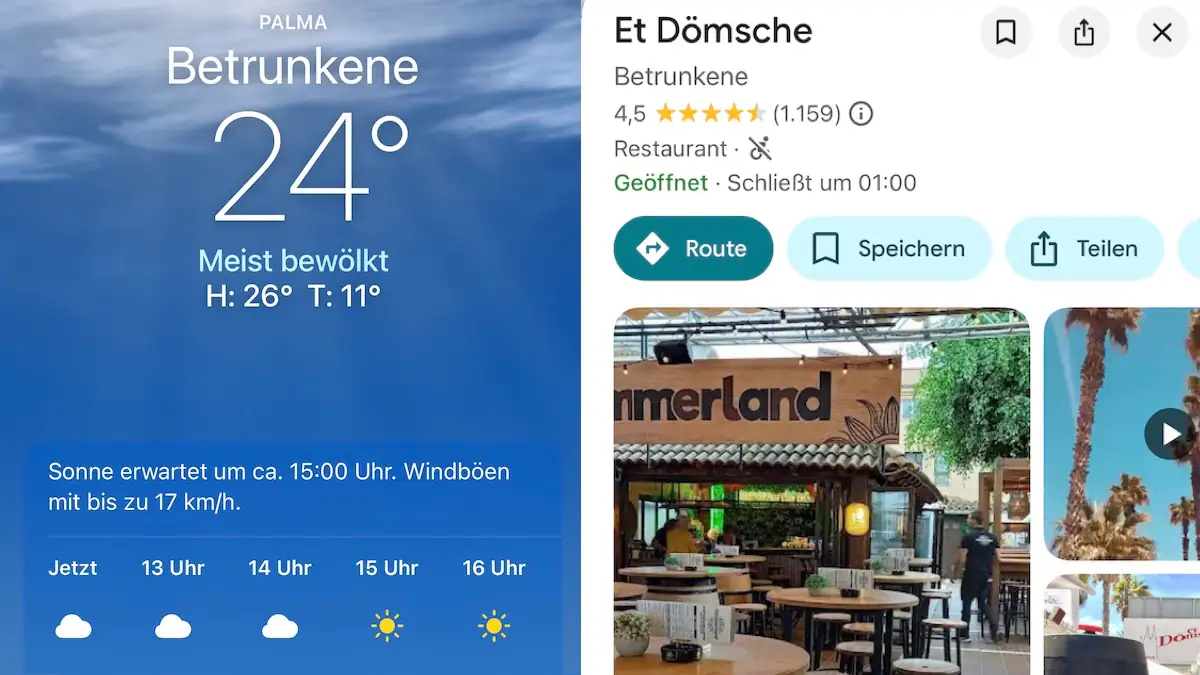 Screenshot von Apple Wetter und Google Maps nebeneinander