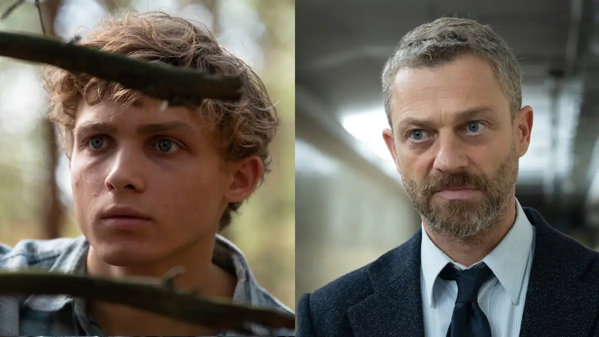 Collage zeigt Figur aus der Netflix-Serie „Das Grab im Wald“, einmal in jung (links) und einmal in älter (rechts)