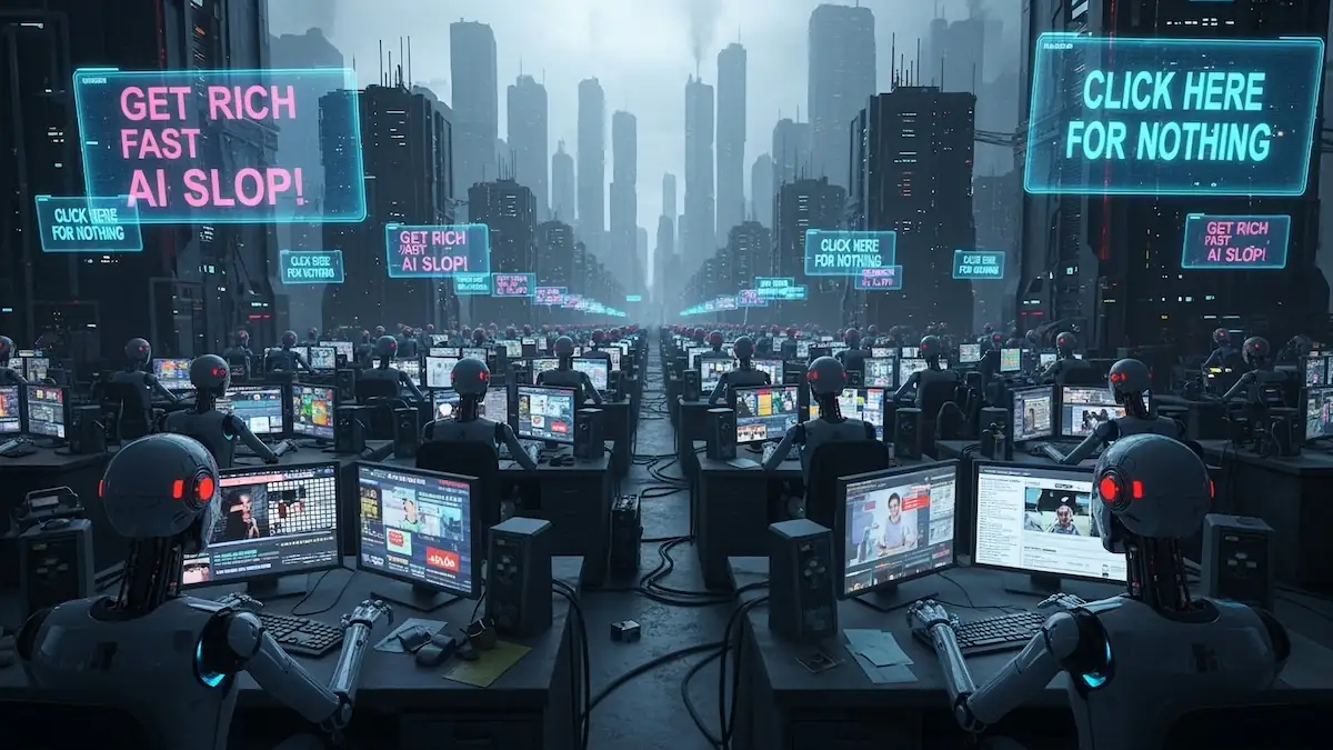 KI-generiertes Bild von Robotern, die AI Slop über das Internet verbreiten