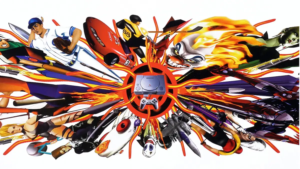 PlayStation 1 mit zahlreichen Figuren aus Sony-Spielen