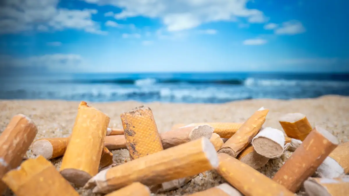 Rauchverbot Türkei: Zahlreiche Zigarettenstummel an einem Strand vor blauem Himmel