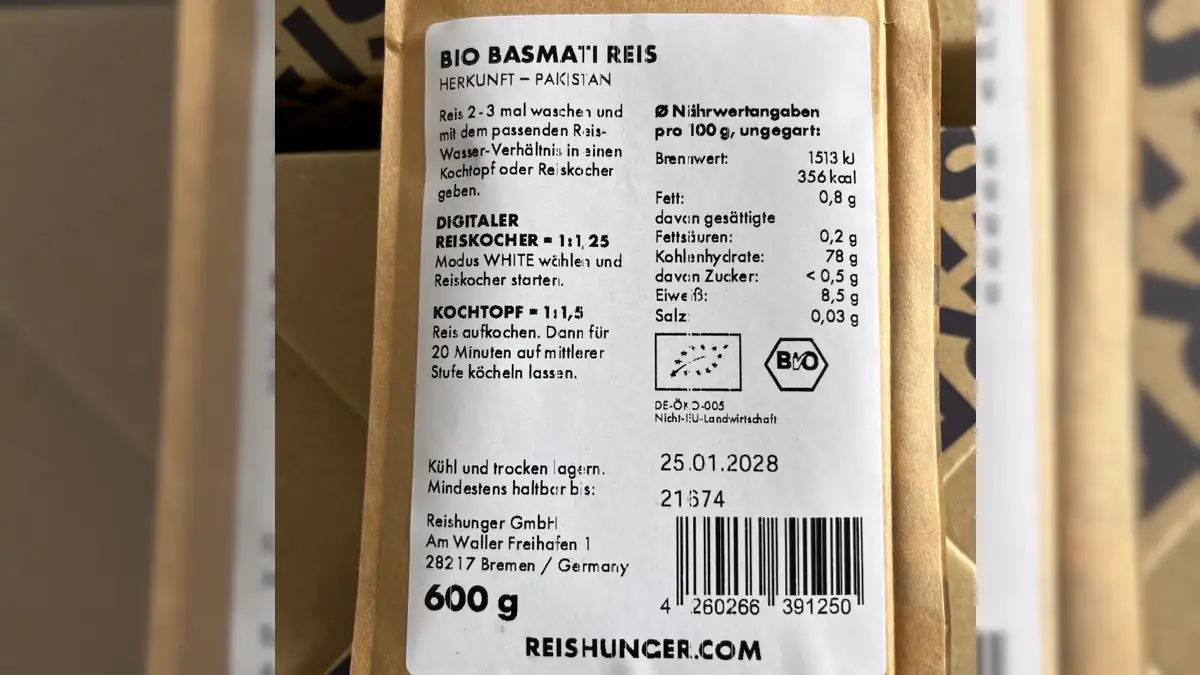Rückruf: Etikett eines betroffenen Reisprodukts