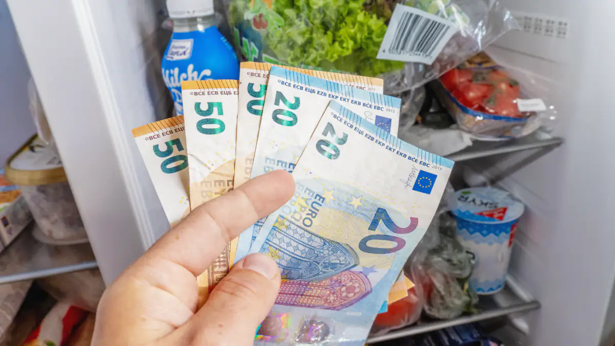 Euroscheine vor einem Kühlschrank mit Lebensmitteln