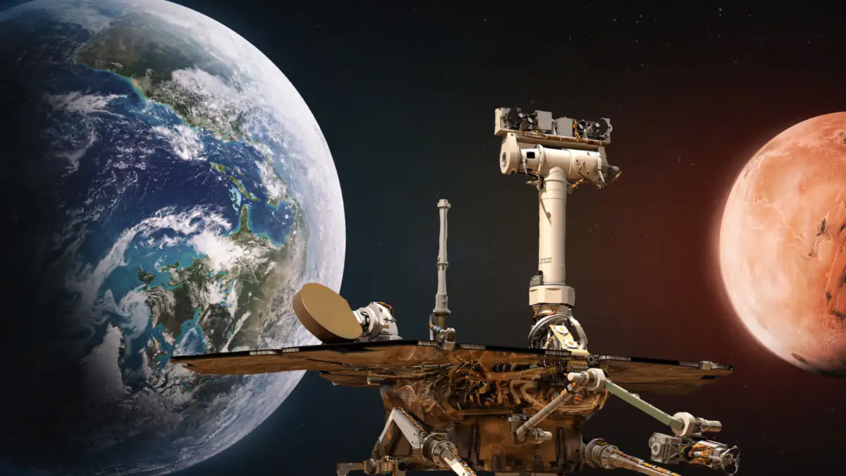 NASA Rover Curiosity vor dem Mars und der Erde