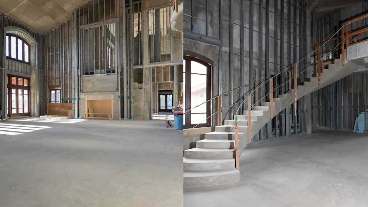 Das Innere der Luxus-Villa auf der Privatinsel Cromwell Island in Montana: Links ein unfertiger großer Raum mit Fenster, rechts eine imposante Treppe noch im Rohbau