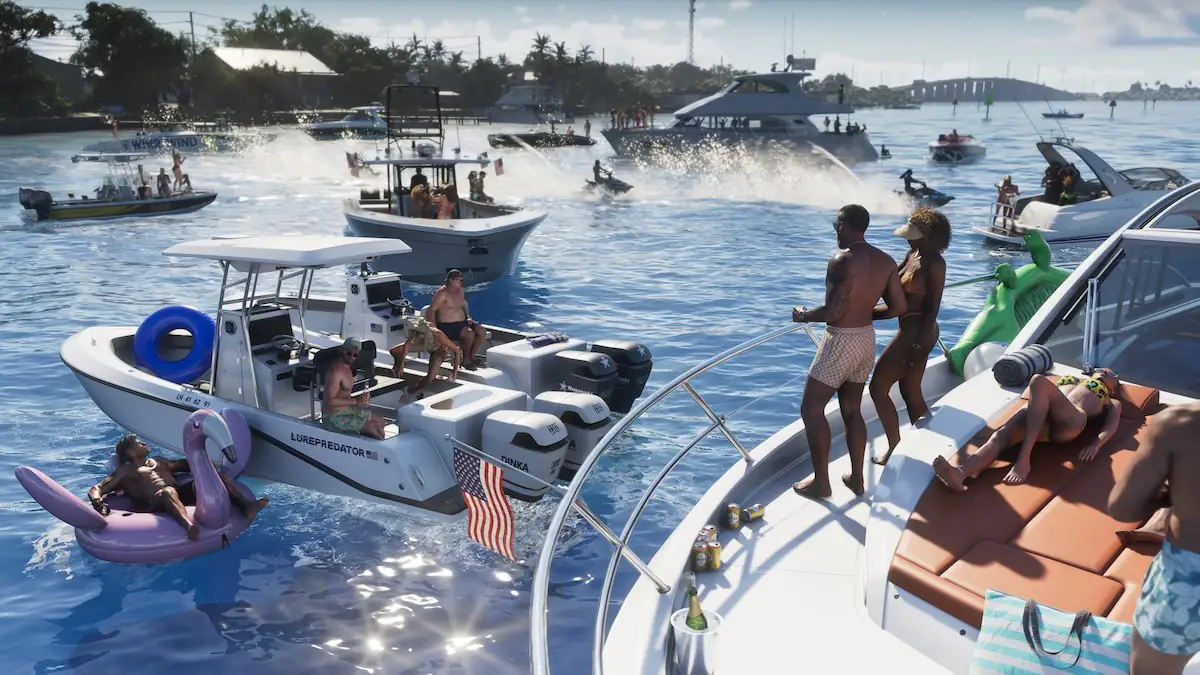 Screenshot aus „GTA 6“ zeigt ein Boot voller Leute in dem Areal Leonida Keys
