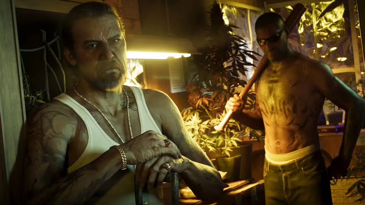 Screenshot aus „GTA 6“ zeigt zwei zwielichtige Männer in Port Gellhorn