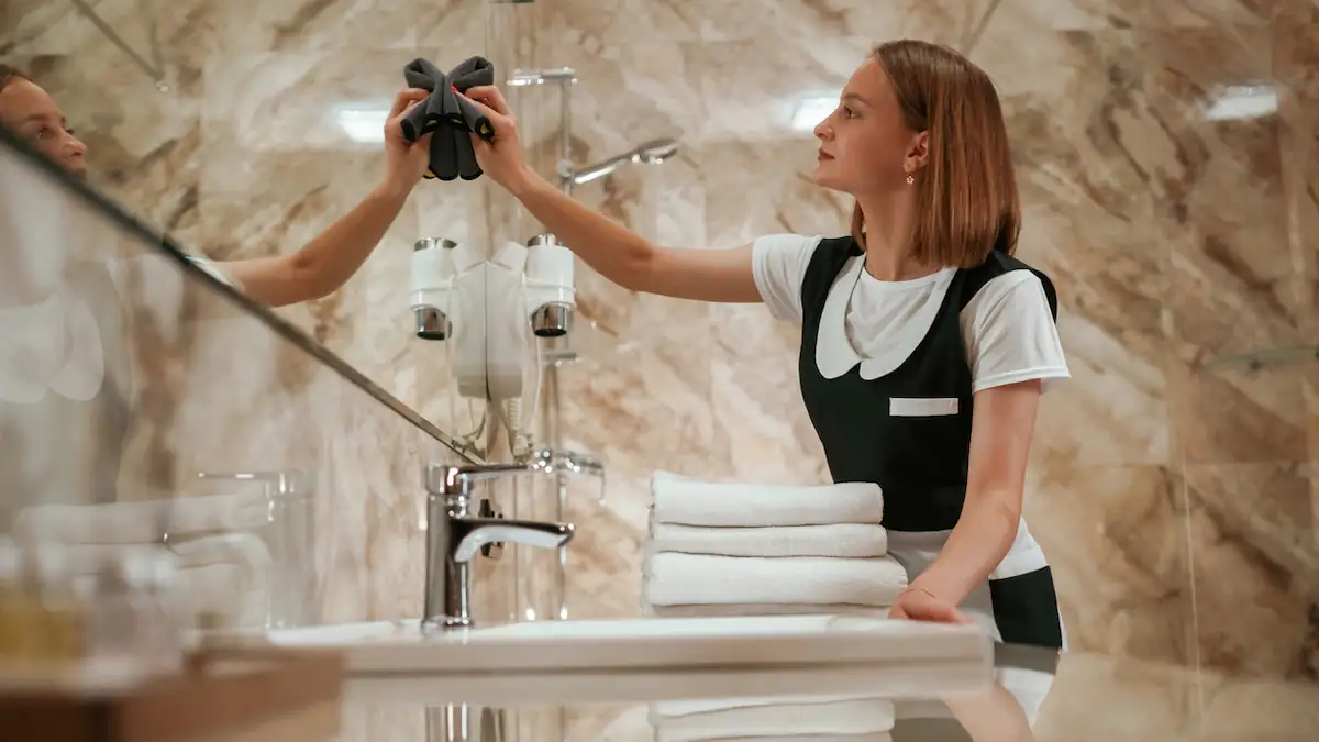 Reinigungskraft putzt in einem Hotel den Badspiegel, während sie ein paar Handtücher hält