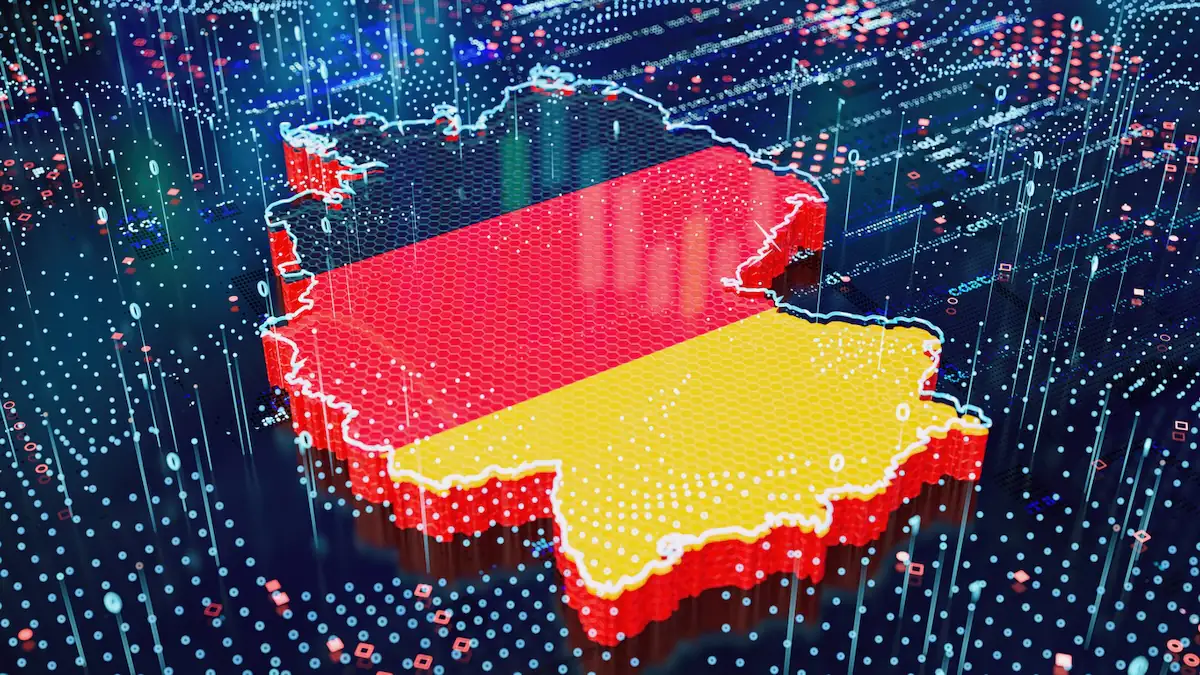 Internetstörung: Umris von Deutschland eingefärbt in die Farben der Landesflagge, darum Punkte für binäre Daten