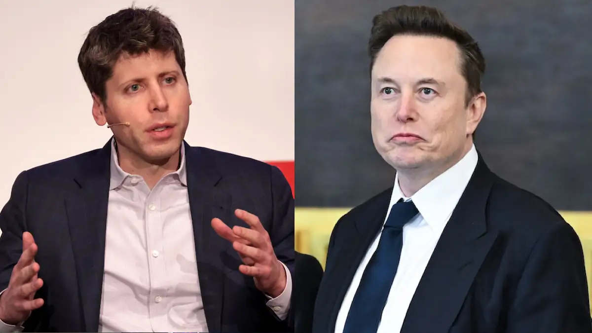 Die CEOs Sam Altman und Elon Musk der beiden KI-Firmen OpenAI und xAI in einer Fotomontage nebeneinander