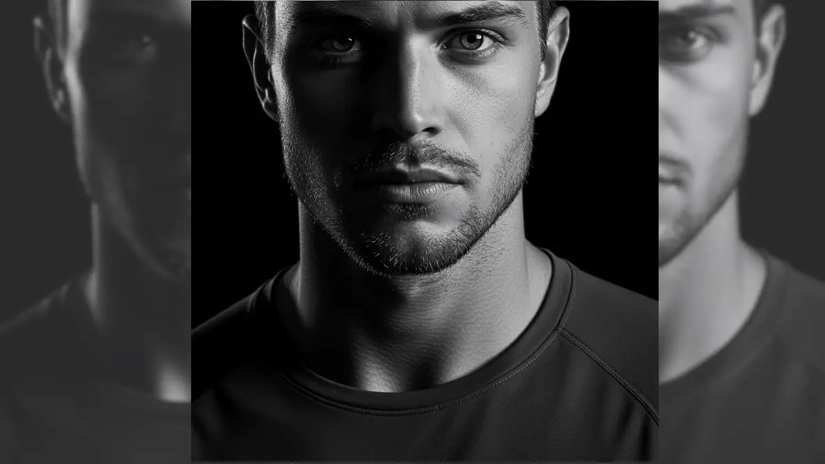 Looksmaxxing: Schwarz-Weiß-Bild eines attraktiven Mannes mit kurzen Haaren und stechendem Blick