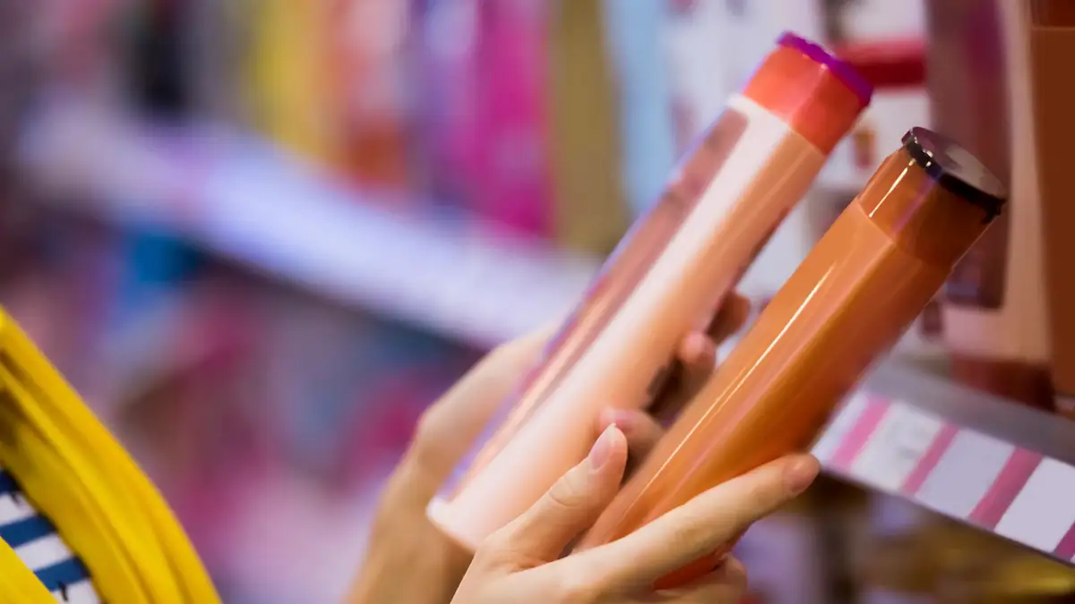 Jemand vergleicht zwei Shampoo-Flaschen im Supermarkt miteinander