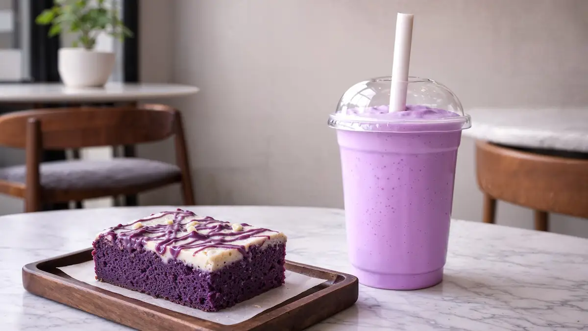 Violetter Ube-Kaffee steht neben einem ebenfalls violetten Stück Kuchen