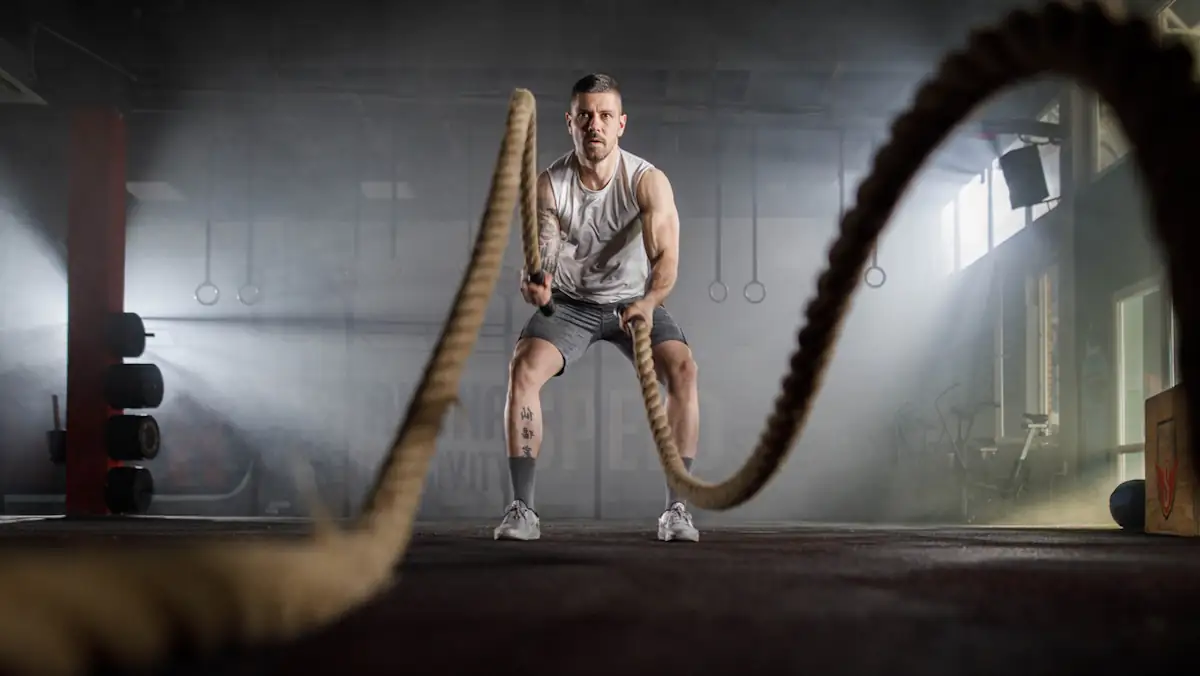 Fitness.Training: Man trainiert im Gym mit zwei Seilen