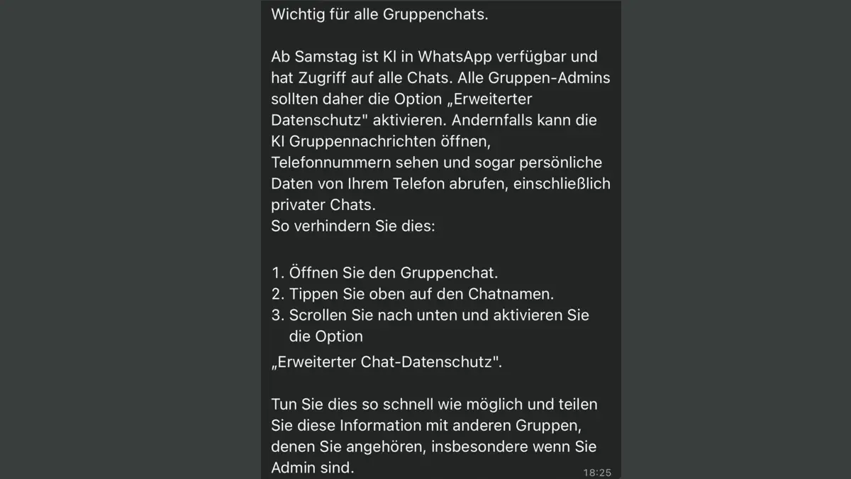 Screenshot aus dem Messenger WhatsApp, der einen Kettenbrief zum Erweiterten Datenschutz zeigt
