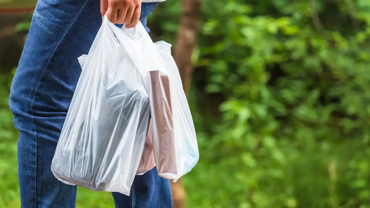Stoffbeutel vs. Plastiktüte: Mann trägt seine Einkäufe in zwei Tüten