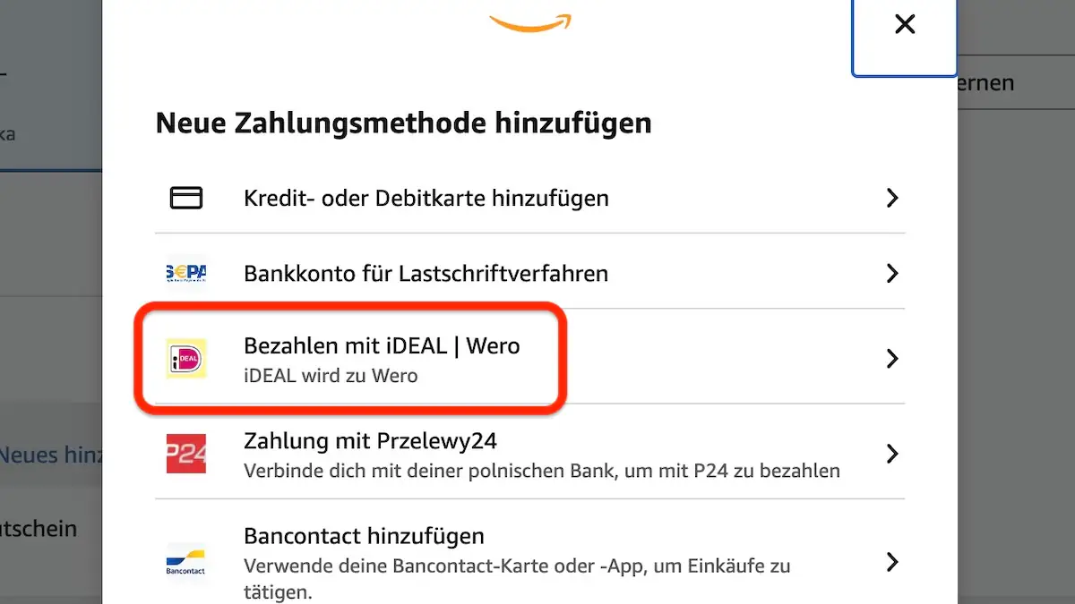 Screenshot der Bezahloptionen bei Amazon, jetzt auch mit Wero