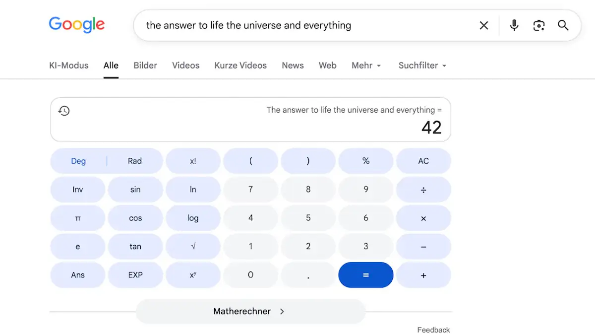 Google-Taschenrechner zeigt die Zahl 42