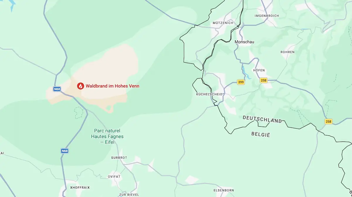 Screenshot von Google Maps zeigt Feuer im Hohen Venn