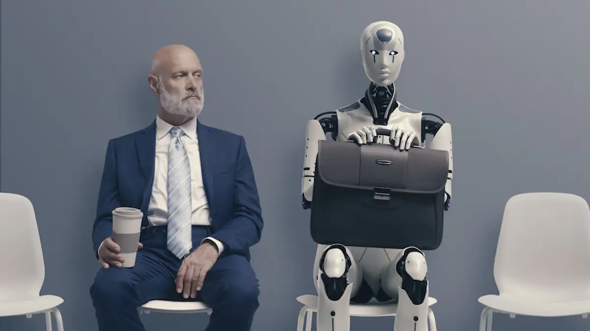 KI-Müdigkeit: Business-Mann sitzt neben einem humanoiden Roboter
